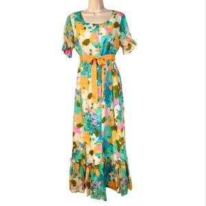 Vintage 60s Dress Kaftan Maxi Puff Sleeve Ruffle Floral Pink Mid Century Bow‎ S